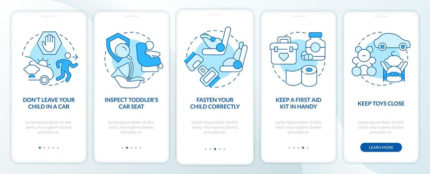 Road trip with toddlers tips blue onboarding mobile app screen. Walkthrough 5 steps editable graphic instructions with linear concepts. UI, UX, GUI template. Myriad Pro-Bold, Regular fonts used