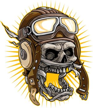 Cartoon mummy skull in retro leather pilot helmet