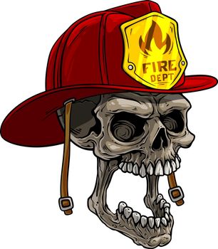 Cartoon human skull in red firefighter helmet