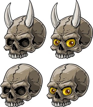 Cartoon realistic scary human skull with horns