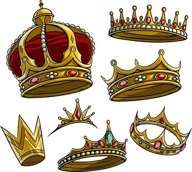 Cartoon royal king golden crown vector set