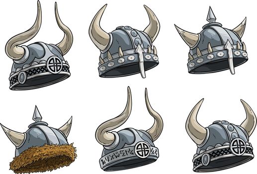 Cartoon metal viking helmet with horns vector set