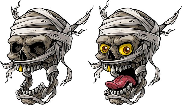 Cartoon realistic scary mummy skulls vector set