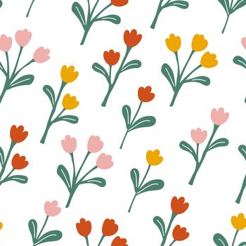 Groovy playful bouquet on white background seamless pattern
