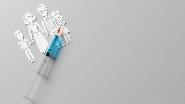 Medical syringe with a needle for family vaccination. 3D Rendering