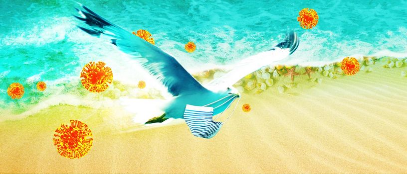 Seagulls with corona virus mask flying over the beach