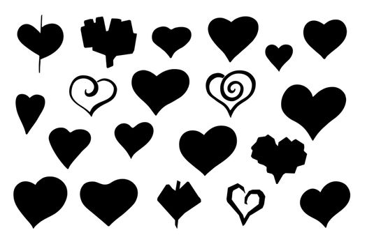 Vector stylized sketch hearts silhouette set