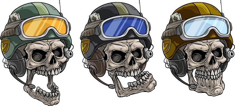 Cartoon human skulls in protective soldier helmet