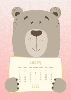 2023 january calendar, cute bear animal holding a monthly calendar sheet, hand drawn childish style