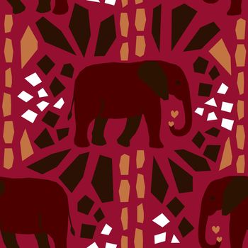 Vector seamless ornament with elephants and geometric shapes