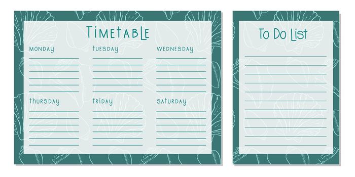 Timetable ,seashells, Class schedule, weekly calendar and to-do list. Weekly schedule. Organizer information template. Empty school timetable. Empty to-do list. Planning sheet planning.