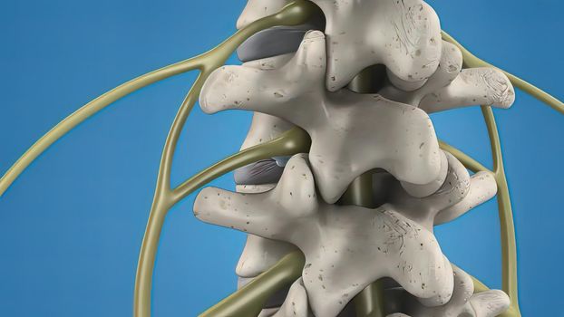 3D illustration of the spinal cord on blue background. Endoscopic lumbar discectomy
