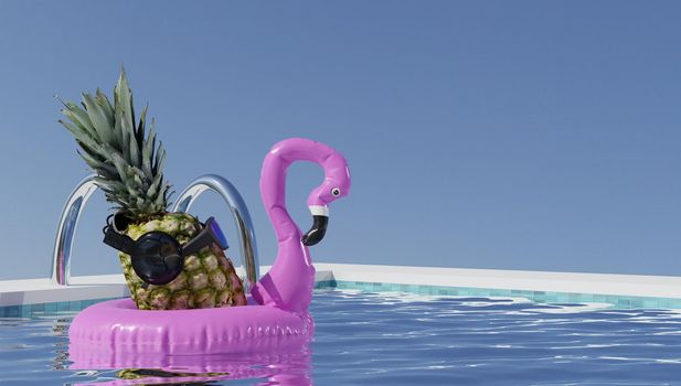 Summer Vacation and Swimming Pool Relaxation Lifestyles Concept, Pineapple With Sunglasses in Poolside at The Beach Vacations. Tropical Leisure Activities Relaxing and Holiday Resort. 3d rendering.
