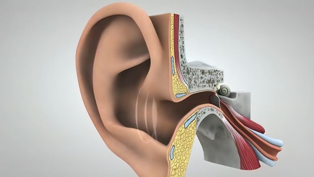 Inner ear. Hearing process 3D illustration