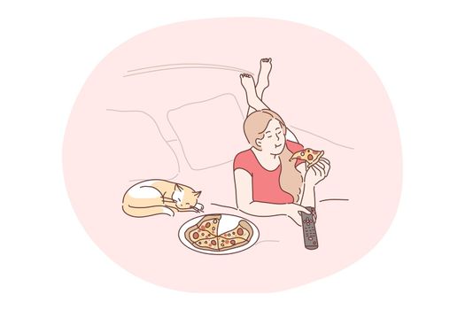 Pizza delivery service, relax in bed with movie and pizza concept