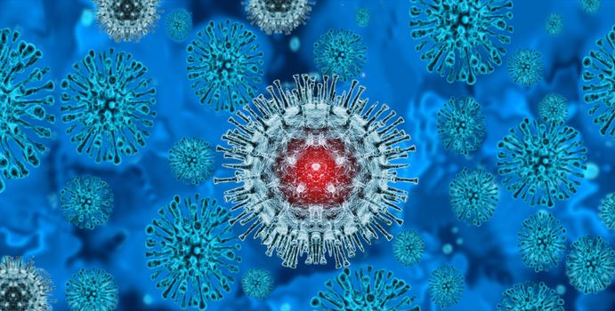 3d virus background, monkeypox concept, Close-up of virus molecules on blue background, medical background with virus molecules