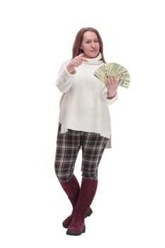 casual happy woman with banknotes .isolated on a white background.