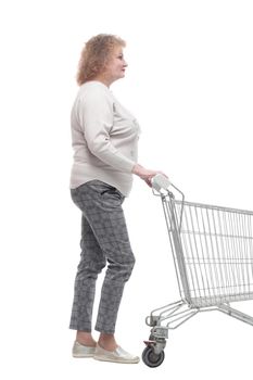 full-length. casual adult woman with shopping cart.