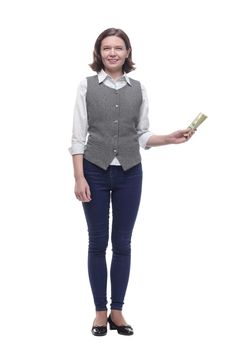 casual mature woman with a bundle of banknotes.