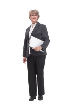 Front view of businesswoman with clipboard and finger point up
