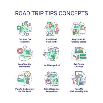 Road trip tips concept icons set