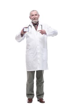 elderly competent doctor showing his visiting card.