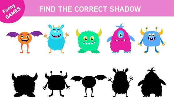 Find correct pair or shadow game with funny colorful monsters. Worksheet for preschool kids, kids activity sheet, printable task. Cute monsters isolated on white