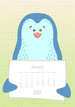 2023 january calendar, cute penguin holding a monthly calendar sheet, hand drawn childish style
