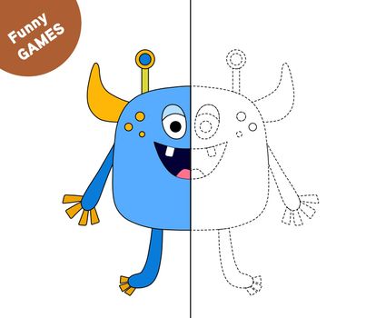 Drawing tutorial funny monster. Copy the picture and coloring. Activity page for book. Coloring page. Drawing lessons for kids