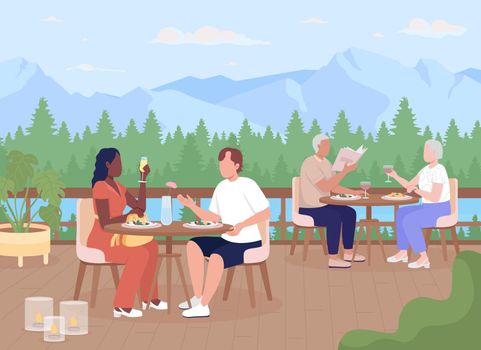 Guests enjoying dinner at mountain resort flat color vector illustration