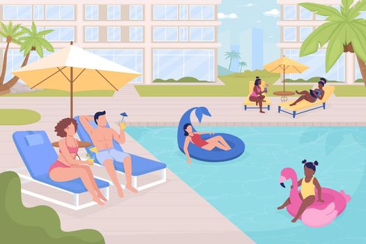 People resting at public outdoor poolside flat color vector illustration