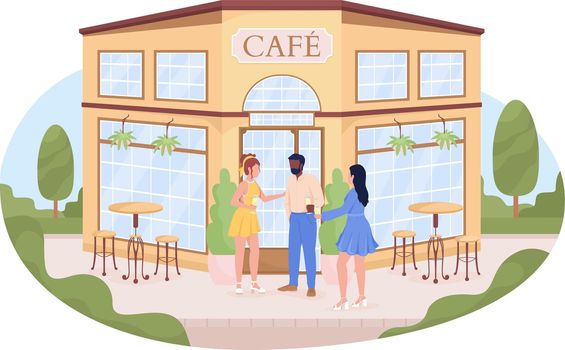 Friends near cafe building on street 2D vector isolated illustration