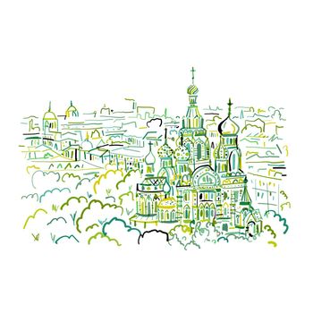Cathedral of the Resurrection on the Blood, and Church of the Savior on Blood in St. Petersburg, Russia. Vector sketch design