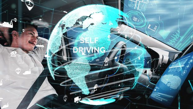 Self-drive autonomous car with man at driver seat conceptual