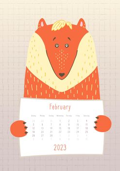 2023 february calendar, cute fox animal holding a monthly calendar sheet, hand drawn childish style