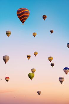 Hot air balloons in sunset sky
