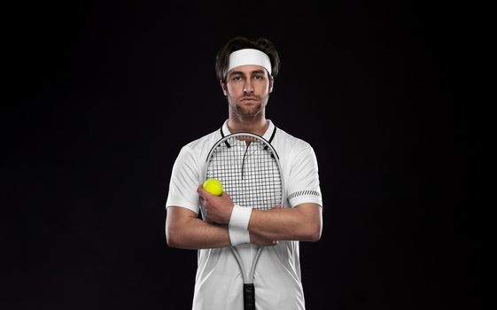 Tennis player with racket in white costume. Man athlete playing isolated on black background.