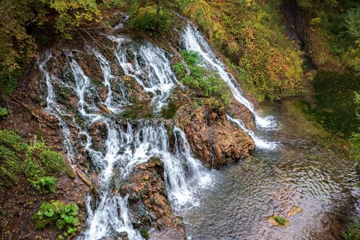 Aerial wiew to cascade waterfalls. Travel in Bulgaria. Dokuzak waterfall