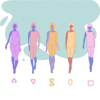 Female figure types set, five types. Vector illustration