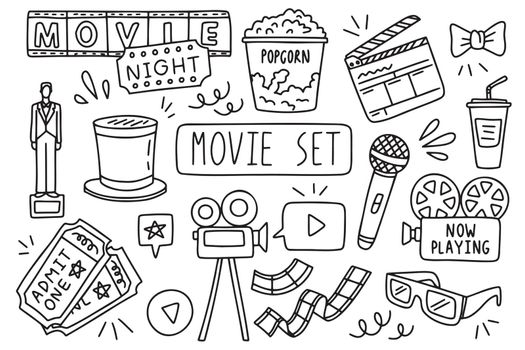 Cinema movie simple vector icon. Doodle outline rest set. Drawings element silhouette