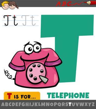 letter T from alphabet with cartoon old telephone character