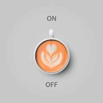 Vector 3d Realistic Off, On Switch with Coffee in White Ceramic, Porcelain Coffee Mug on Whitek. Latte, Capuccino. Coffee Cup Icon. Concept Creative Banner with Coffee Cup. Design Template. Top View