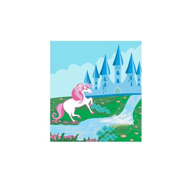 Fairytale landscape with magic castle and beautiful unicorn