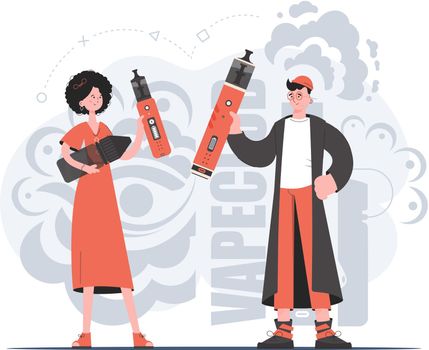 A girl and a guy are holding a vaping system in their hands. Trendy style with soft neutral colors. The concept of replacing cigarettes. Vector illustration.