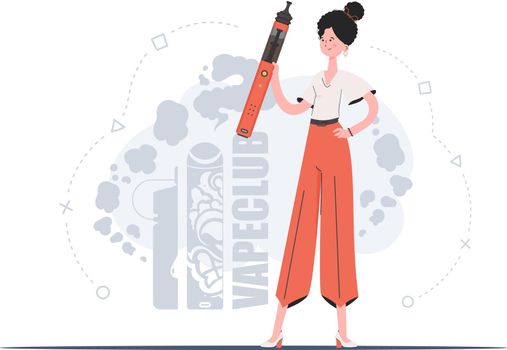 The girl holds in her hands a system for vaping. Trendy style with soft neutral colors. The concept of vapor and vape. Vector illustration.