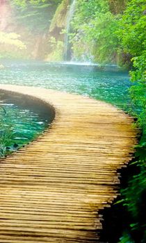 Wooden Walkway Over Lovely Lake