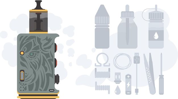 Vape or vapor illustration. Cigarette substitute. Smoking tool. Includes component icons. Vector illustration