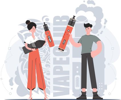 A girl and a guy are holding a vaping system in their hands. Trendy style with soft neutral colors. The concept of vapor and vape. Vector illustration.