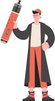 A man holds an electronic cigarette in his hands. Trendy style with soft neutral colors. Isolated. Vector illustration.