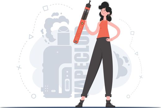 A woman holds an electronic cigarette in her hands. Flat style. The concept of vapor and vape. Vector illustration.
